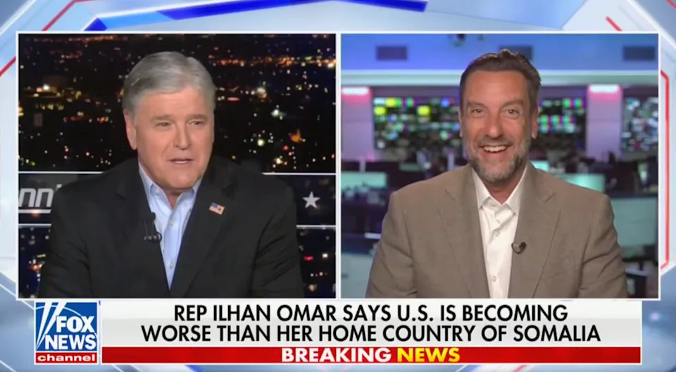Sean Hannity and Clay Travis deride Minnesota Democratic Rep. Ilhan Omar on Fox News on June 17 2025 (Fox News)