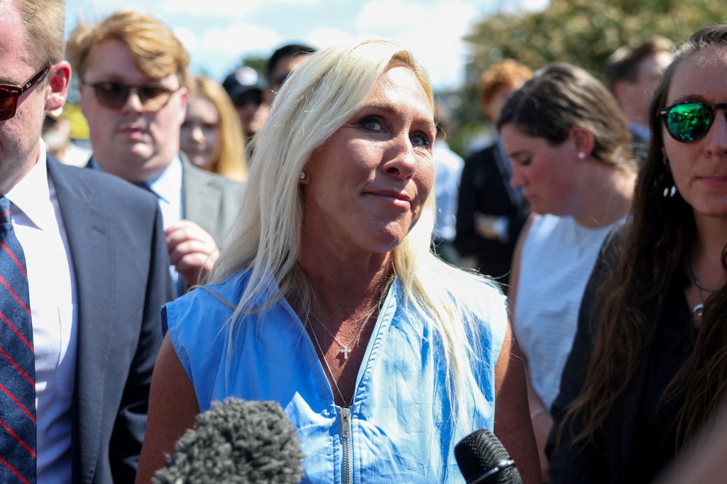U.S. Representative Marjorie Taylor Greene speaking to reporters.